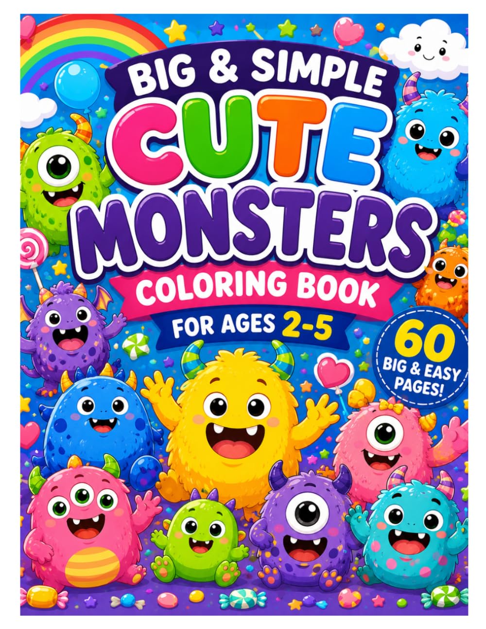 Big & Simple Cute Monsters Coloring Book: 60 Easy Kawaii Monster Coloring Pages with Bold Lines | Friendly Silly Monsters for Toddlers & Preschoolers ... Ages 2–5 (Big & Simple cute coloring books)