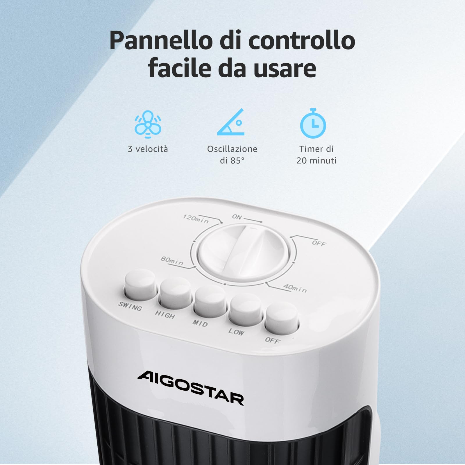 Aigostar Ben 33JTS Ventilatore a torre digitale con timer. 3 modalità di velocità e motore da 45W. Oscillazione a 85°. Altezza di 76cm e cavo da 1,8M