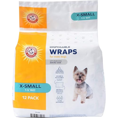 Arm & Hammer for Pets Dog Wraps for Male Dogs, Super Absorbent Baking Soda Enhanced Dog Wraps for Odor Control, X-Small, 6 Pack, 72 Count Total