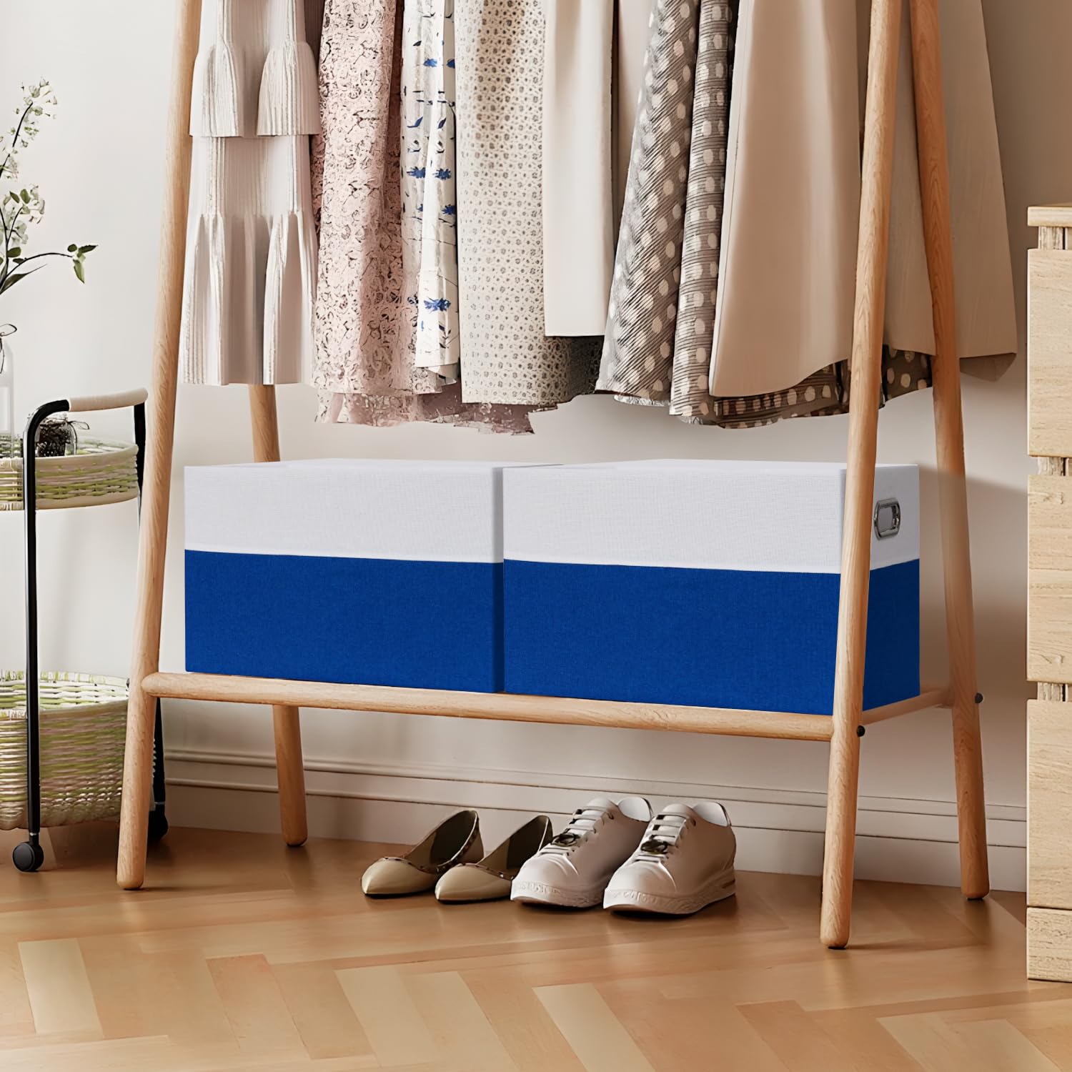 3 Stück Aufbewahrungsbox aus Stoff, Faltbare Ordnungsboxen mit Metallgriff, Boxen Aufbewahrung, Faltbox, Aufbewahrung für Kleidung, Geeignet für Schränke, Büros, 38x28x24 cm (Weiß & Blau)