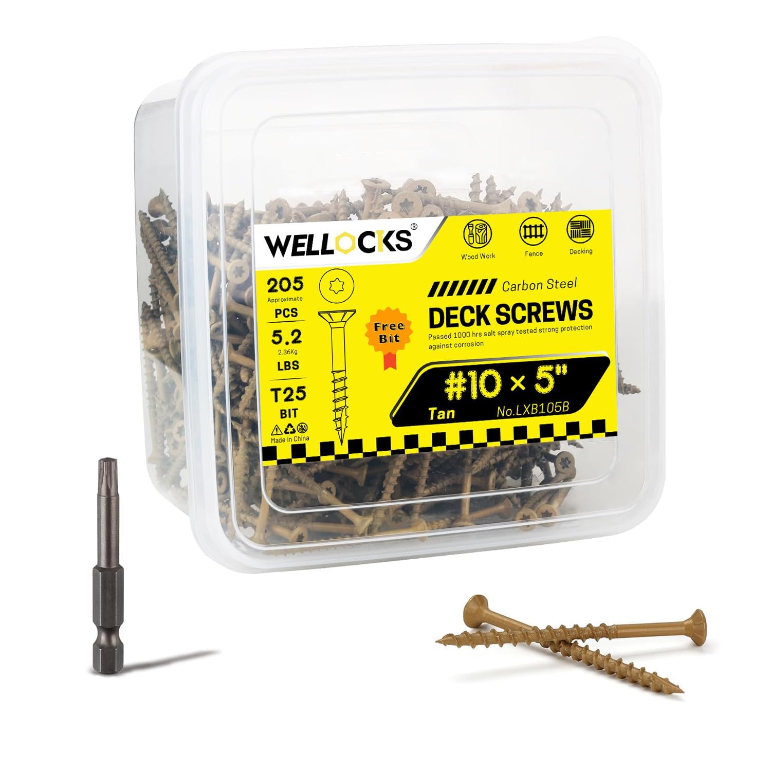 WELLOCKS Lot de 205 vis à bois de 12,7 cm, brun clair, revêtement époxy, revêtement époxy, plus de 1 000 heures, embout étoile Torx T25 inclus pour clôture en bois extérieure