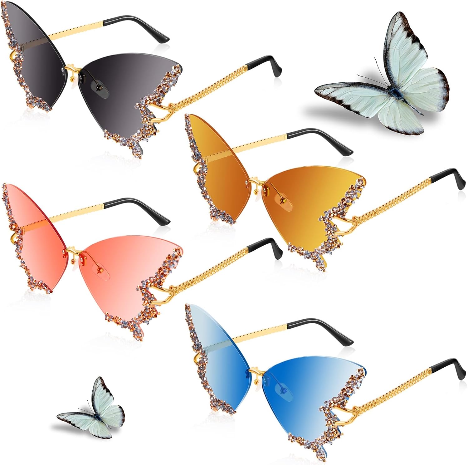 Xuhal 4 Pairs Rimless Butterfly Sunglasses Rhinestone Bling Sun Glasses Trend Gradient Butterfly Shaped Sunglasses for Women