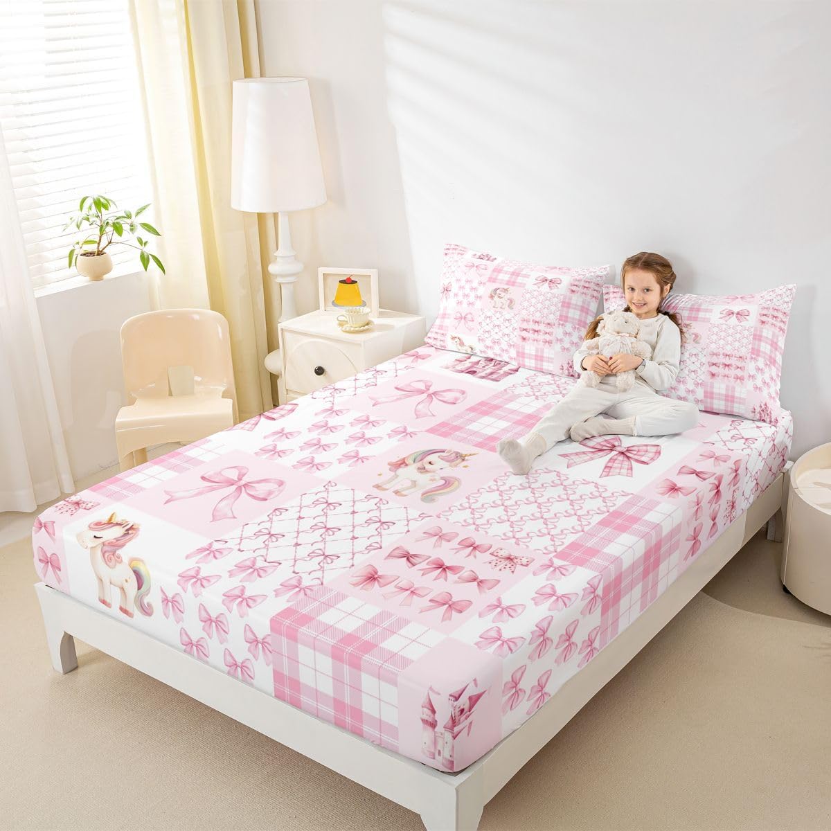 Feelyou Girls Pink Bow Bed Sheets Set Queen Size Castle Princess Bed Set for Kids Boys Girls Girls Cute Unicorn Deep Pocket Fitted Sheet Kawaii Cute Breathable Soft Lightweight Coquette Aesthetic
