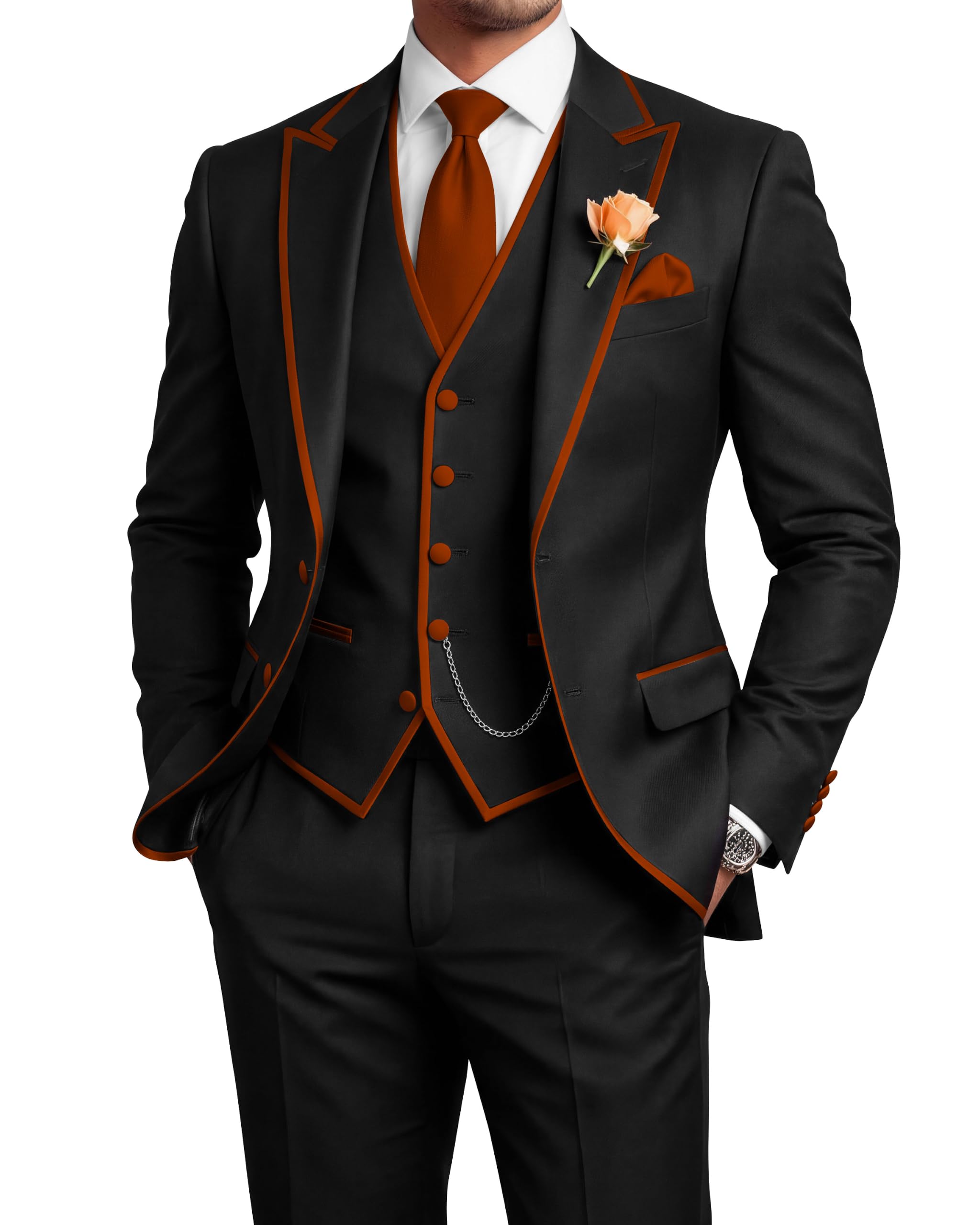 Men's 3 Piece Tuxedo for Men Slim Fit Black Wedding Suits for Groom Groomsman Prom Graduation Jacket Vest Pants