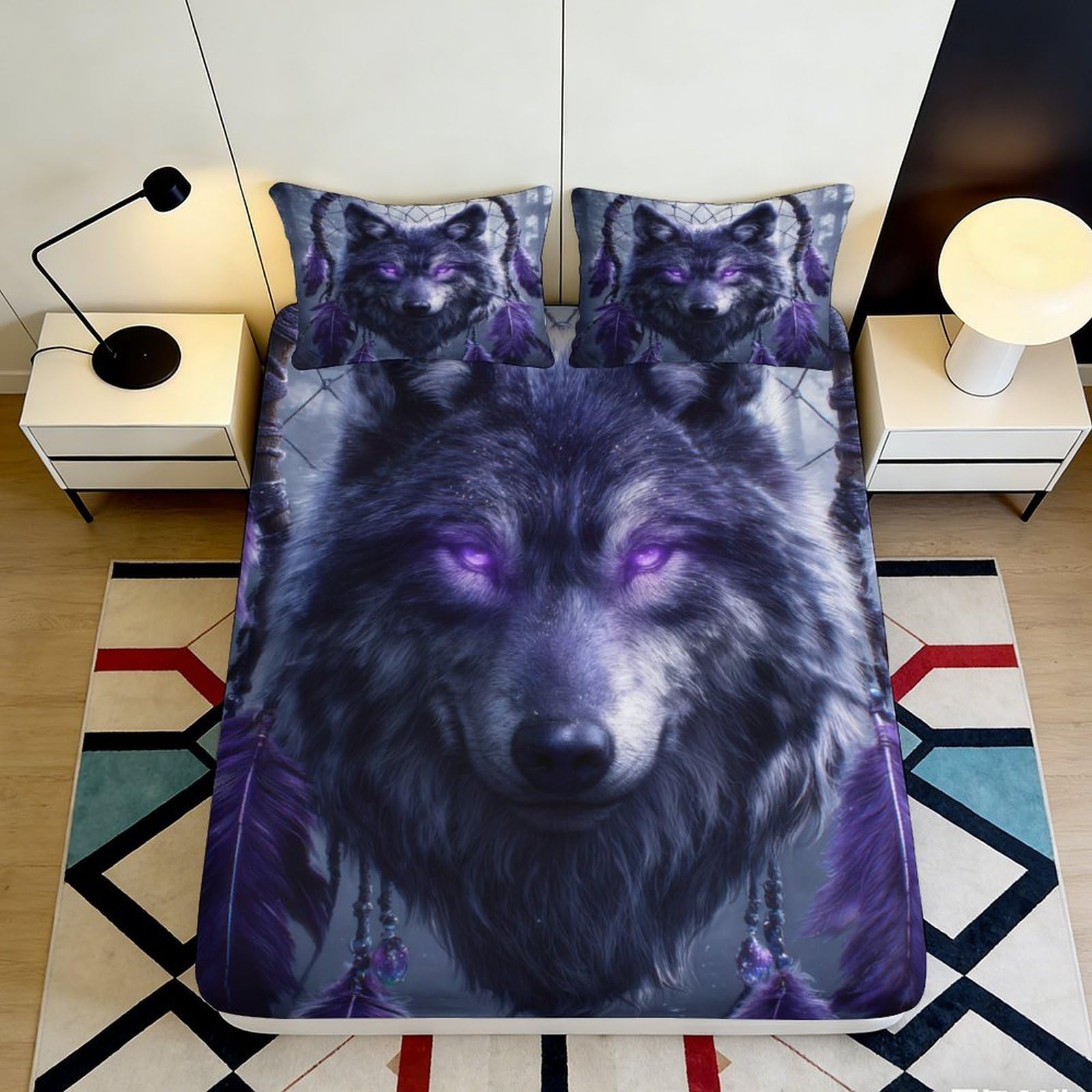 Decorative purple wolf Fitted Sheet, 3D Printed soft touch Microfiber, wrinkle resistant, guest room bedding, easy care, dustproof, stylish decor 200x200x25cm