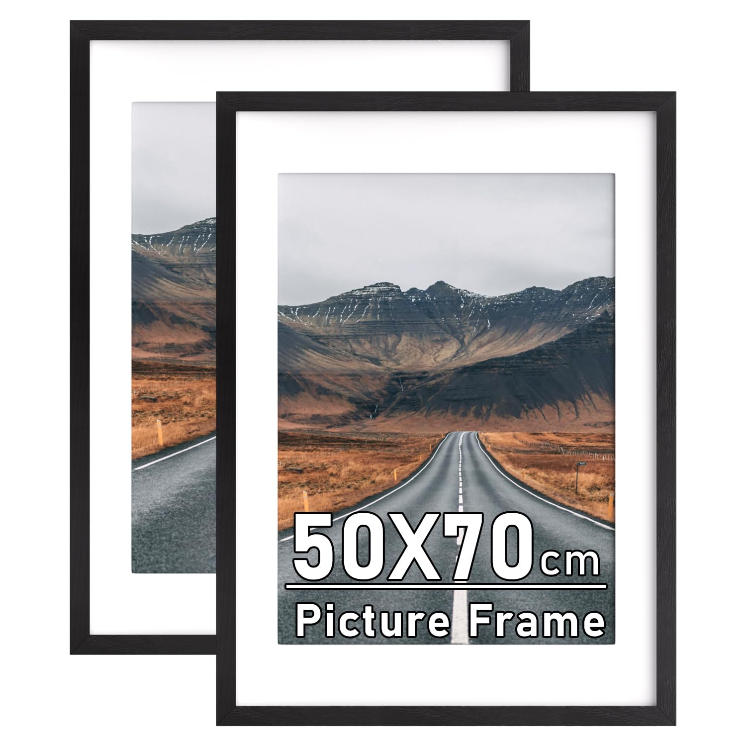 2 Pack 70x50cm Picture Frames with A2 Mount, Black 50x70cm Photo Frames, Poster Frame with Safe Perspex Front, Wall Mounting — image 1