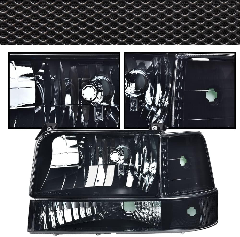 CNNELL Headlights Assembly Compatible with 1992-1996 Ford F150/Bronco, 1992-1997 F250/F350/FSuper Duty w/Corner Signal Bumper Lamps(Smoky lens Black Housing Clear Reflector)