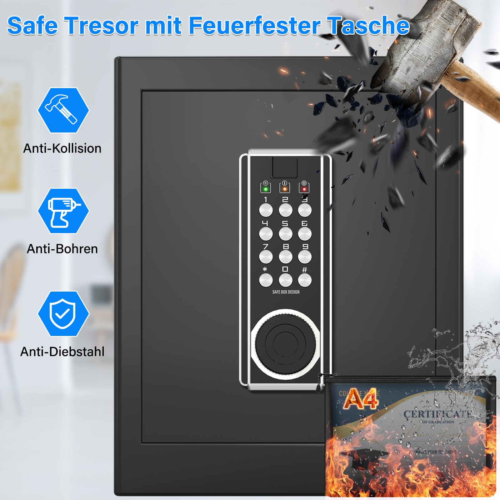 45L Großer Feuerfester Tresor Safe mit Feuersichere Dokumententasche, Digitaler Möbeltresore mit 2 Schlüssel & Herausnehmbarem Regal, Elektronischer Tresor für DIN A4 Ordner Bargeld Medikamente