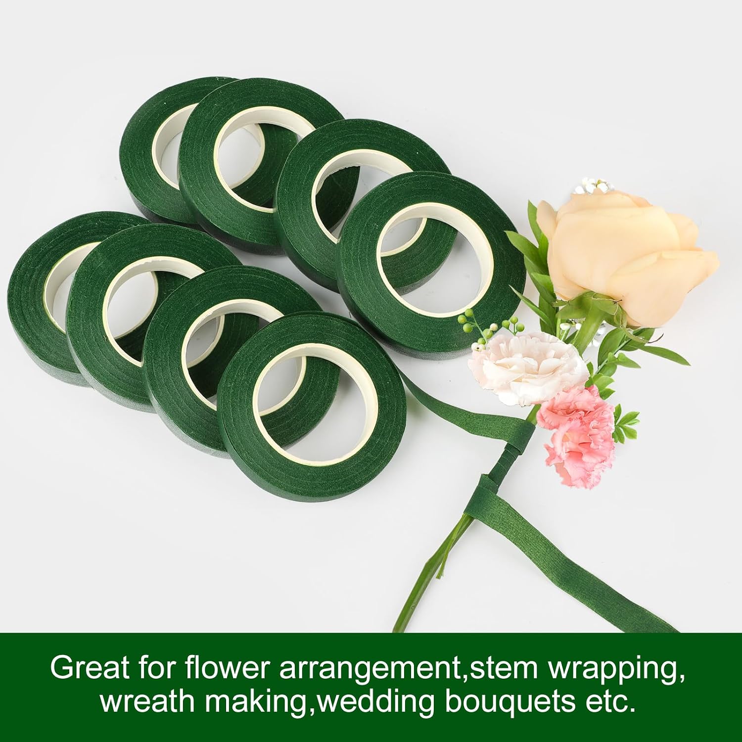 8 Rolls Floral Tape 1/2inch Flower Tape, Green Floral Tape for Fresh Flowers, 30 Yards Florist Tape for Bouquet Stem Wrapping and Floral Crafts, Wedding Bouquet