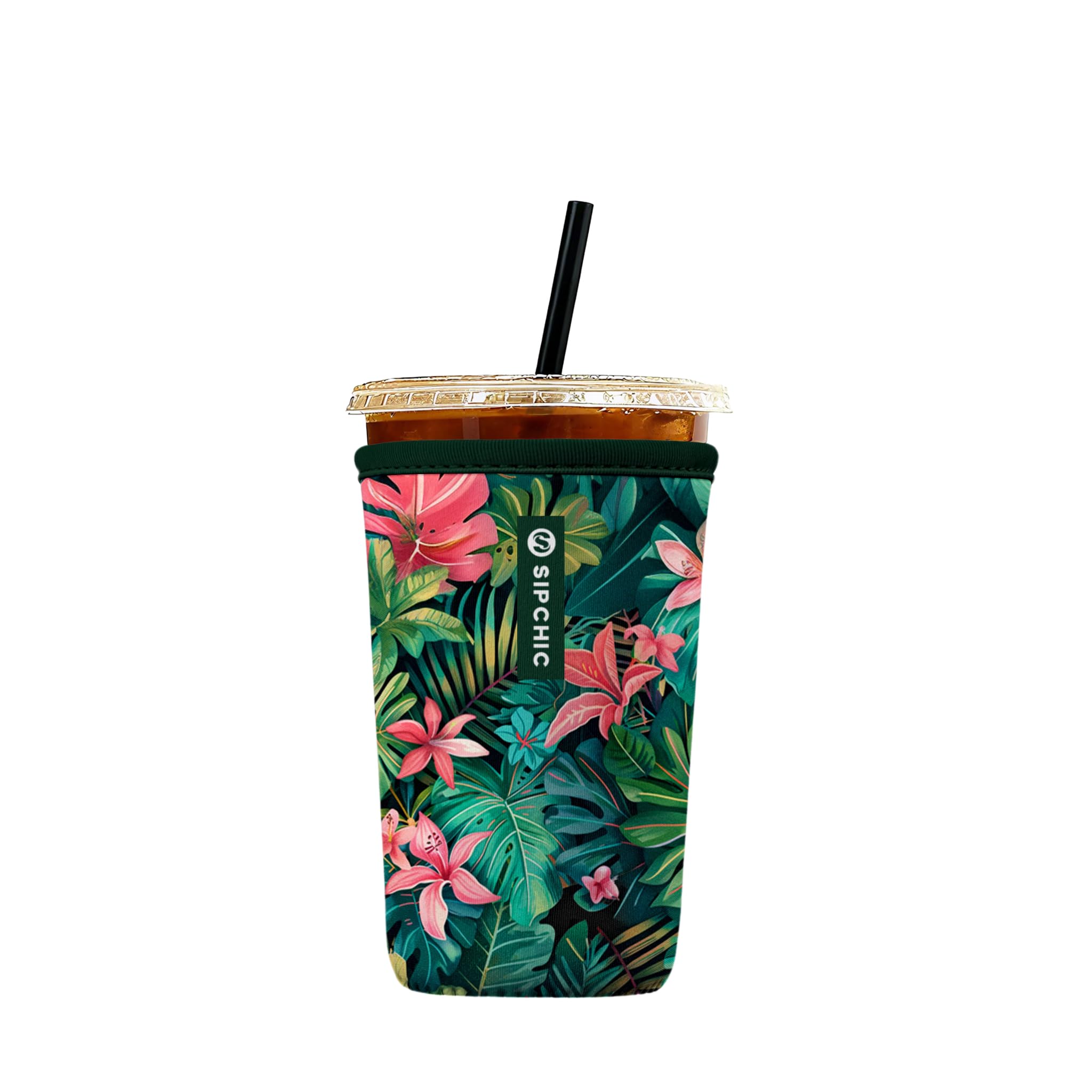 Iced Coffee Sleeve – Neoprene Reusable Cup Sleeves for Drinks, Insulated Drink Sleeves to Keep Hands Dry &amp; Drinks Cold, Stylish &amp; Durable Coffee Sleeves (Pink Jungle, Medium: 22-29oz)