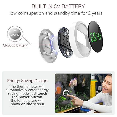 Miniatura 5 de LOFICOPER Termómetro de acuario, termómetro digital para peces, termómetro de reptiles adhesivo con pantalla táctil LED, batería, para peces,