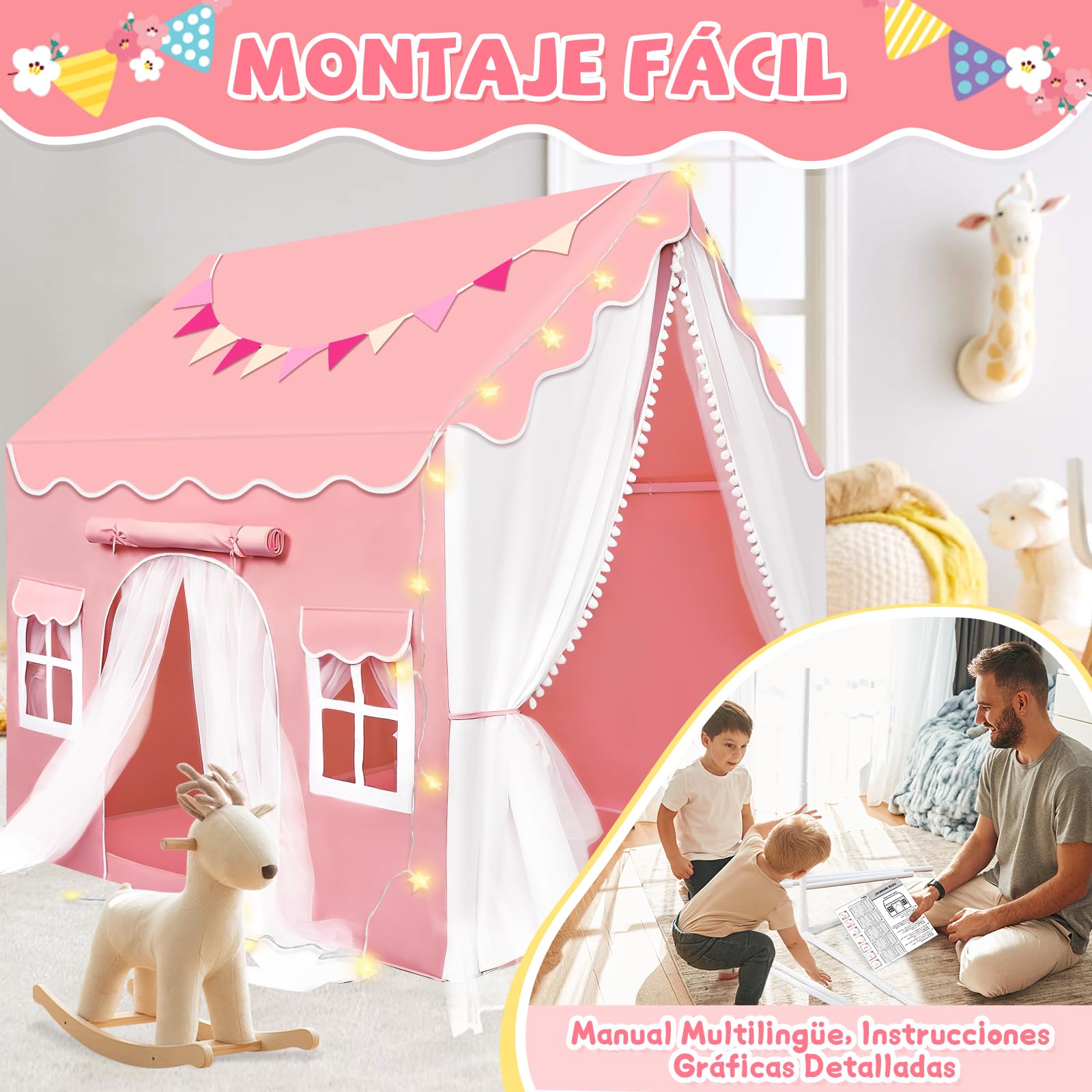 JONRRYIN Tienda Campaña Infantil con 2 Puertas, Cabañas para Niños con Luces Banderas y Bajera, Casitas Infantiles Tela Interior, Ideal Casita Infantil para Niños Niñas