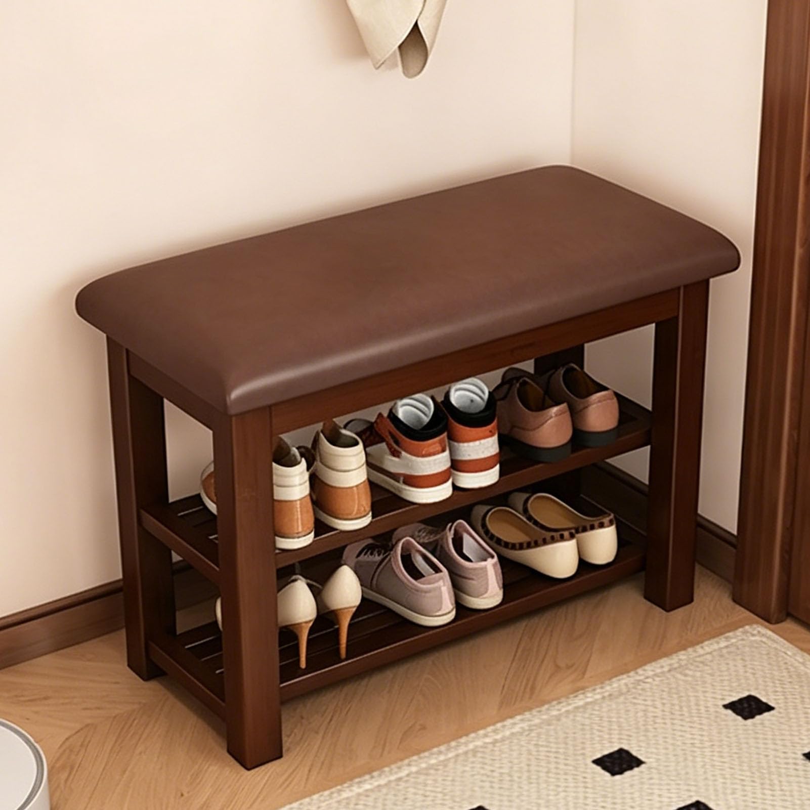 Meuble à chaussures en bois avec banc capitonné en PU au design élégant