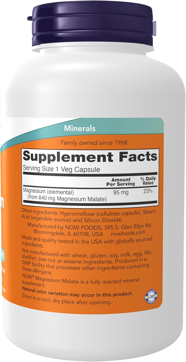 NOW Foods Supplements, Magnesium Malate Caps with 95 mg of Elemental Magnesium, Nervous System Support*, 180 Veg Capsules - Image 2