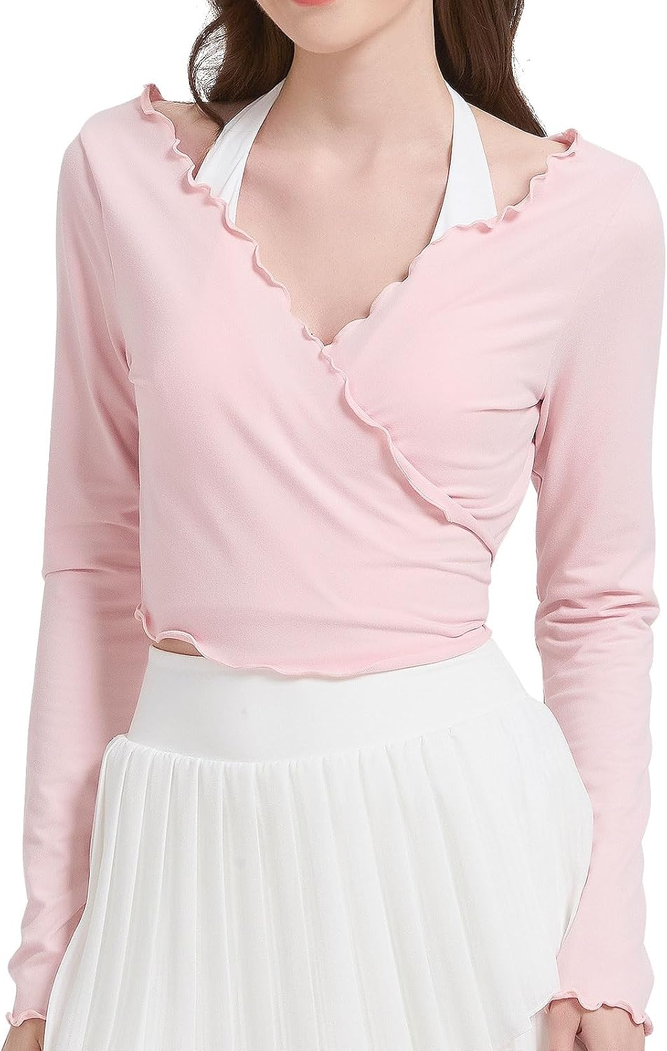 Women's Ballet Wrap Crop Top, Long Sleeve V-Neck Dance Shirt with Self Tie, Pilates Yoga Active Blouse, Pink