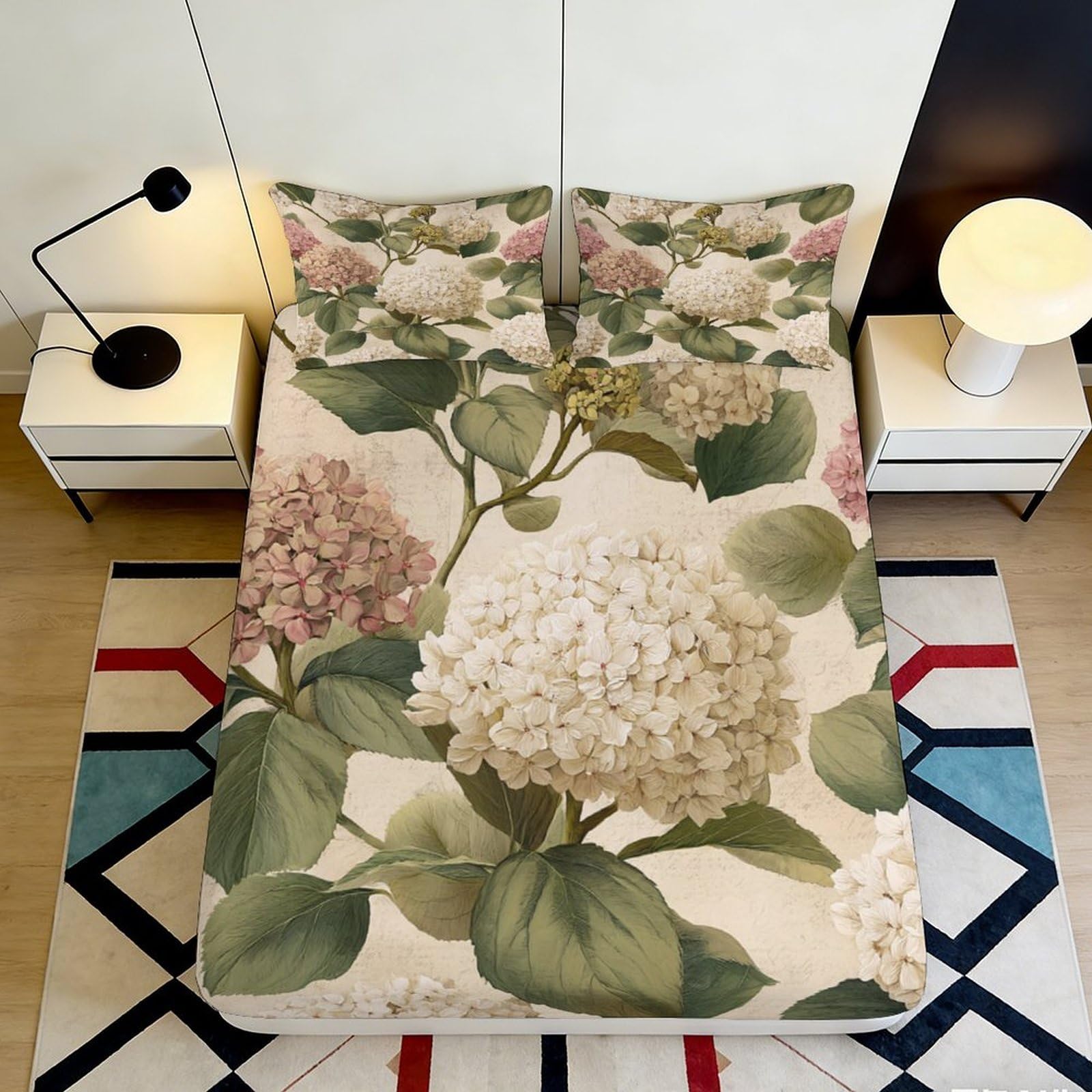 3D Printed hydrangea pattern Fitted Sheet, soft touch Microfiber, wrinkle resistant, guest room decor, home bedding, stylish apartment accent 90x200x25cm