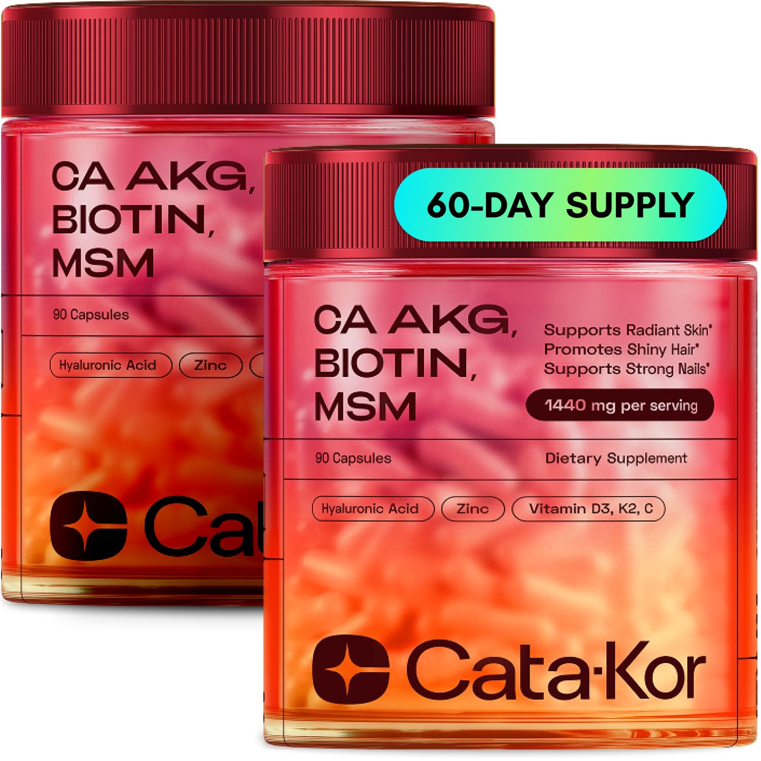 Cata-Kor Hair Skin and Nails Vitamins for Women – Biotin Hair Supplement | Hyaluronic Acid | Calcium AKG | MSM | Vitamin C & Vitamin D3 K2 – Hair Growth Vitamins – Pack of 2 90 Count (Pack of 2)