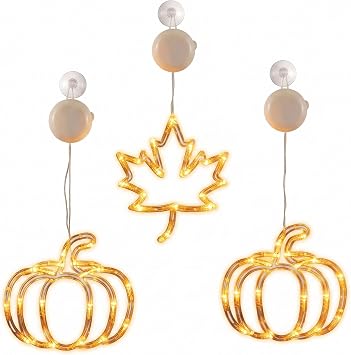 Fall Window Lights 3Pcs Pumpkin & Maple Autumn Lights with Suction Cup
