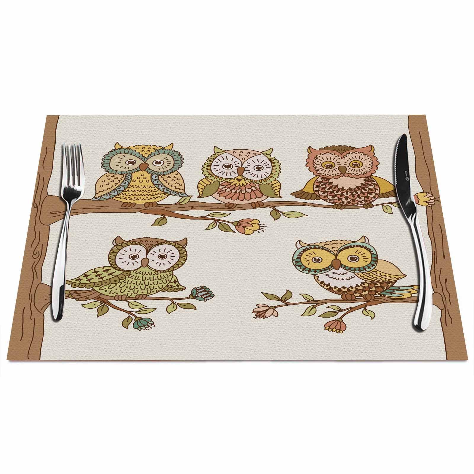 Walmsco Placemats Owl Cartoon Pattern Decor For Dining Room Kitchen Table,Waterproof Non-Slip Washable Heat Resistant Placemats,Set of 4,12"x18"
