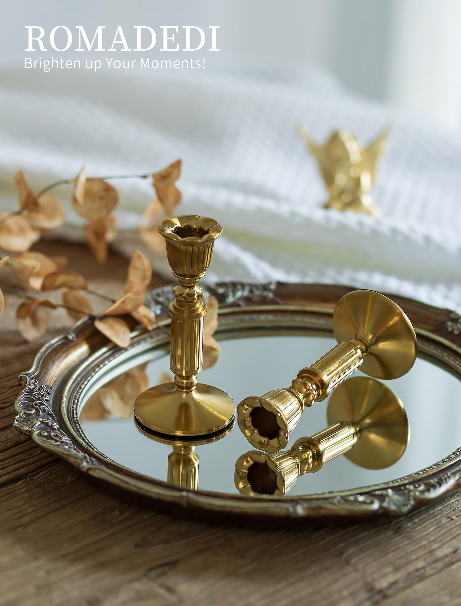 Romadedi Vintage Kerzenständer für Stabkerzen, 6er-Pack, Gold，14cm | Antike Messingoptik; Für Esstisch, Wohnzimmer, Hochzeit, Weihnachten und Adventsdekoration