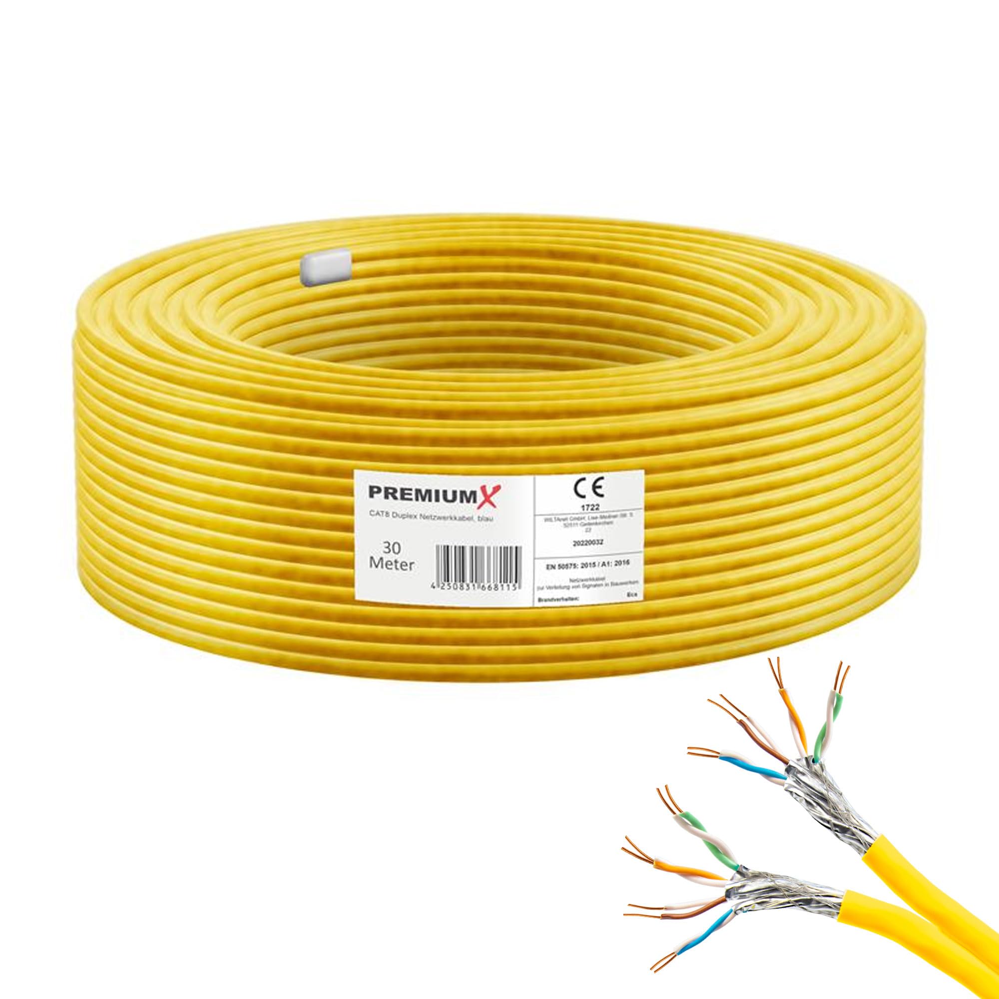 Premium X Câble réseau CAT 7A duplex 30 m - Câble de pose Ethernet en cuivre - Câble de données AWG 23 S/FTP PiMF PoE Eca Cat7A 1200 MHz - Sans halogène