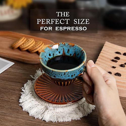 Miniatura 4 de Juego de 2 tazas de café expreso de 4 onzas, tazas de capuchino de cerámica con platillos, juego de té de porcelana duradero y colección moderna de