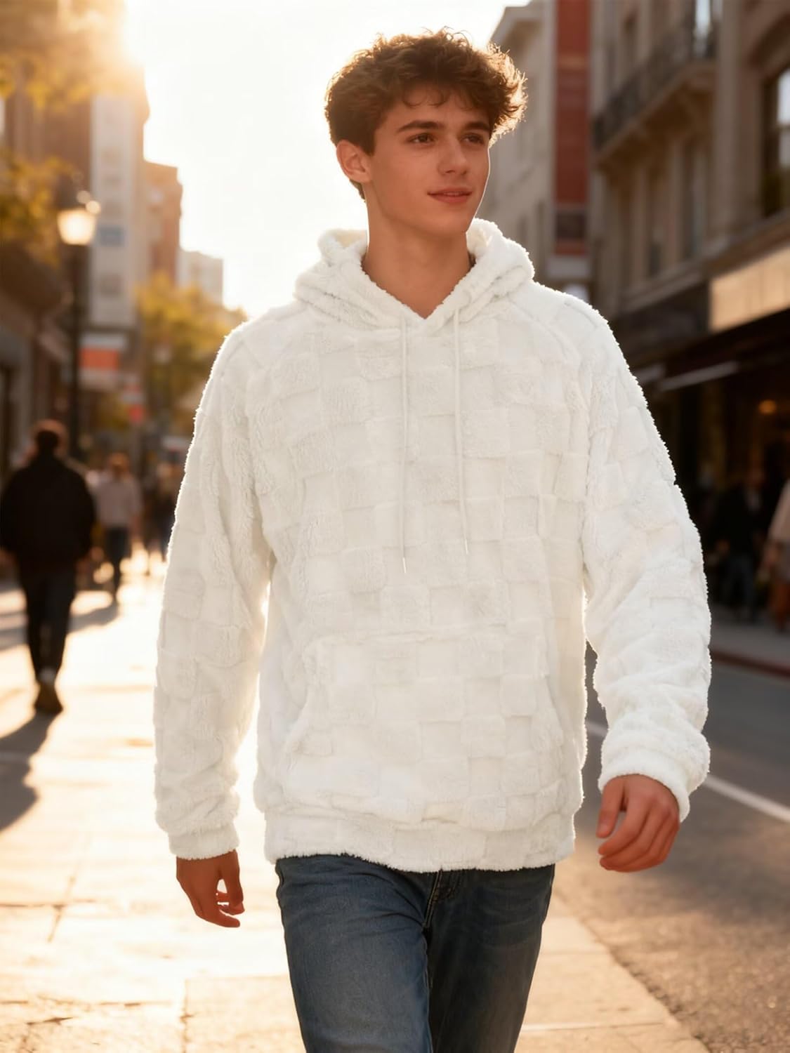 Mens Fuzzy Sherpa Pullover Hoodie Sweatshirts Long Sleeve Front Pocket Fall Outwear Winter Hooded - Image 3