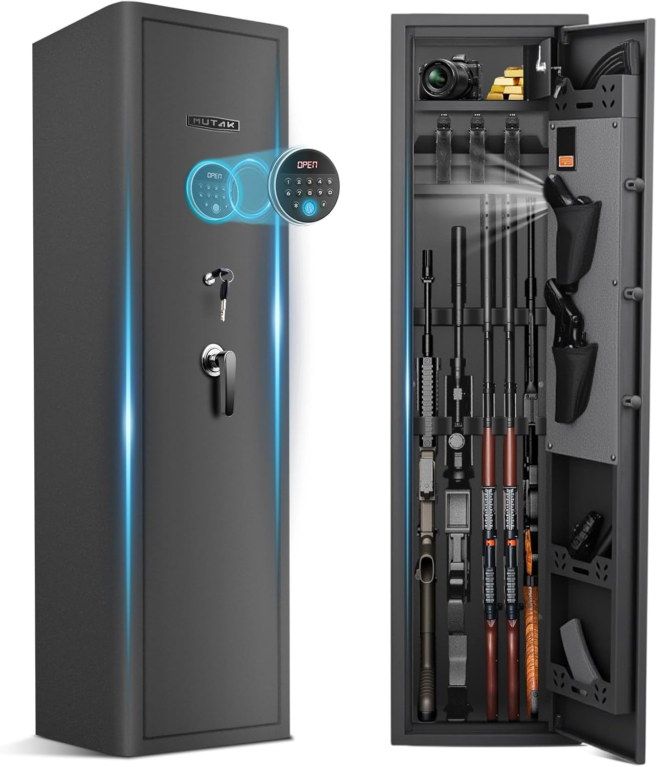 4-5 Rifle Gun Safe for Home Rifle and Pistols, Large Capacity Biometric 5 Rifle Safe & 5 Pistols Racks, 4 Ways Quick Access, Gun Cabinet with Alarm & Bright LED (No Assembly Required)