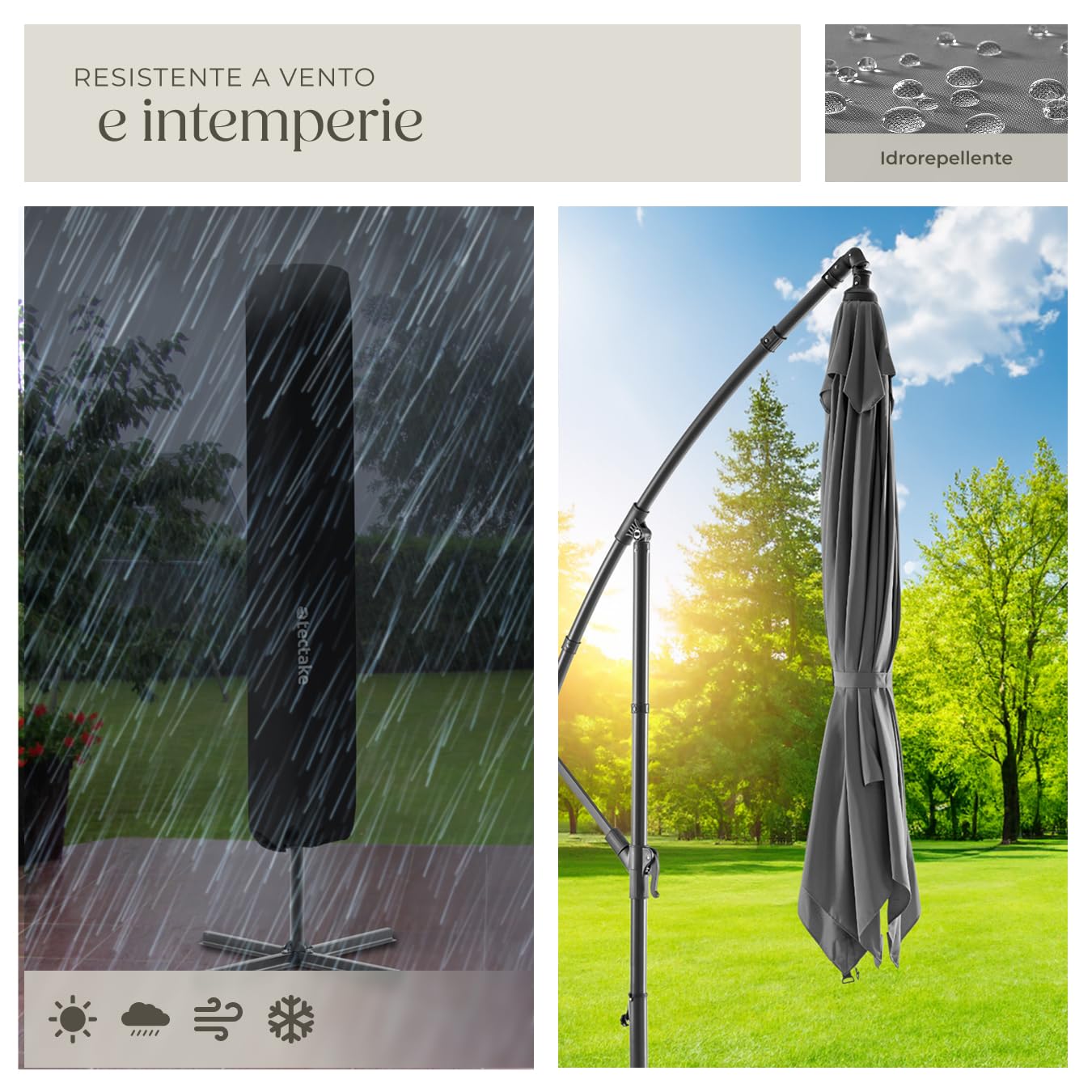 tectake® Ombrellone Apollon, 2,5x3m, Grigio Chiaro, con Manovella, Inclinazione Regolabile, Tessuto Idrorepellente, Inclusa Custodia Protettiva, Ombrellone da Giardino