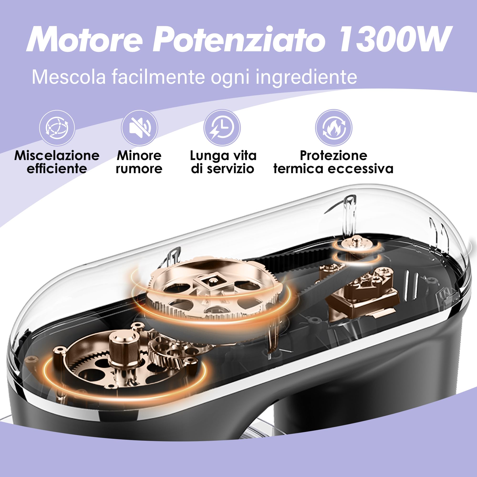 Kitchen in the box Impastatrice Planetaria, 6L Planetaria Professionale 1400W, 10 Velocità con Uncino Impastatore, Mescolatore e Frusta Sbattitrice (Viola)