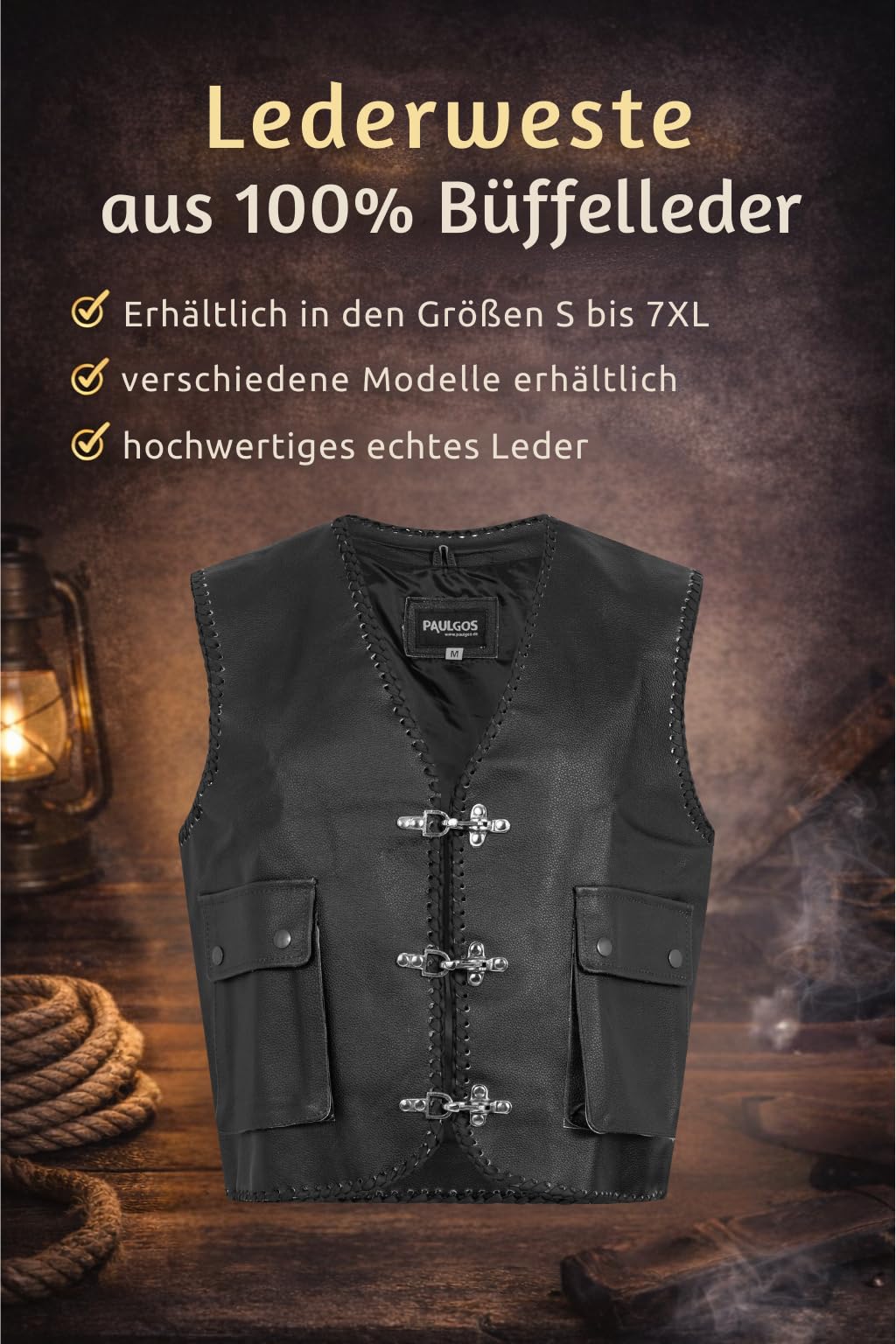 PAULGOS Lederweste Weste Kutte Leder Biker Rocker Motorrad Clubweste Bikerweste Motorradweste Schwarz BW5