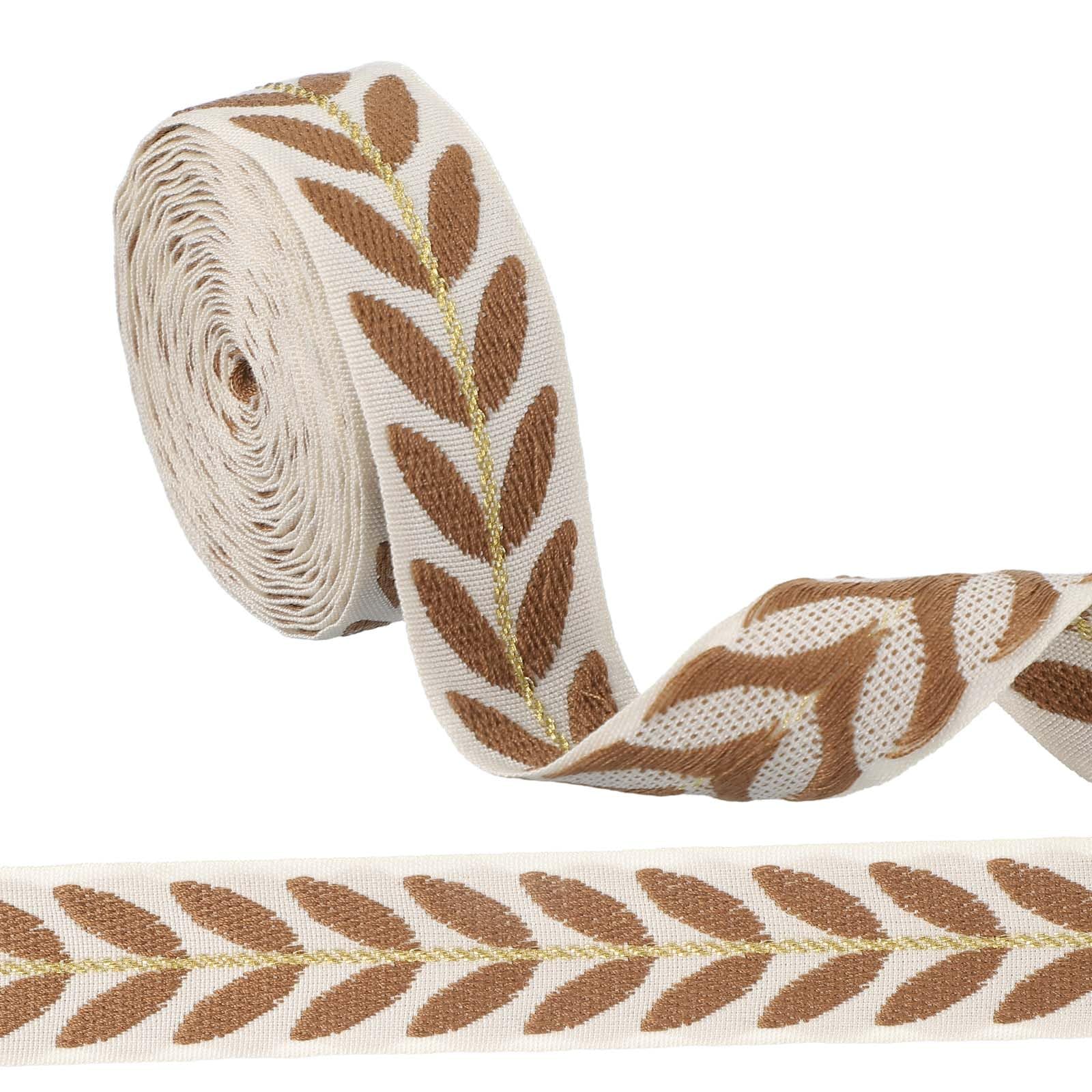 sourcing map 3 Yards Jacquard Ribbon Trim, 0.98 Inch Leaf Pattern Jacquard Ribbons Decorative Fabric Woven Embroidery Trim for Sewing Handmade Crafts DIY Clothing Hat Bag Gift Wrap, Coffee