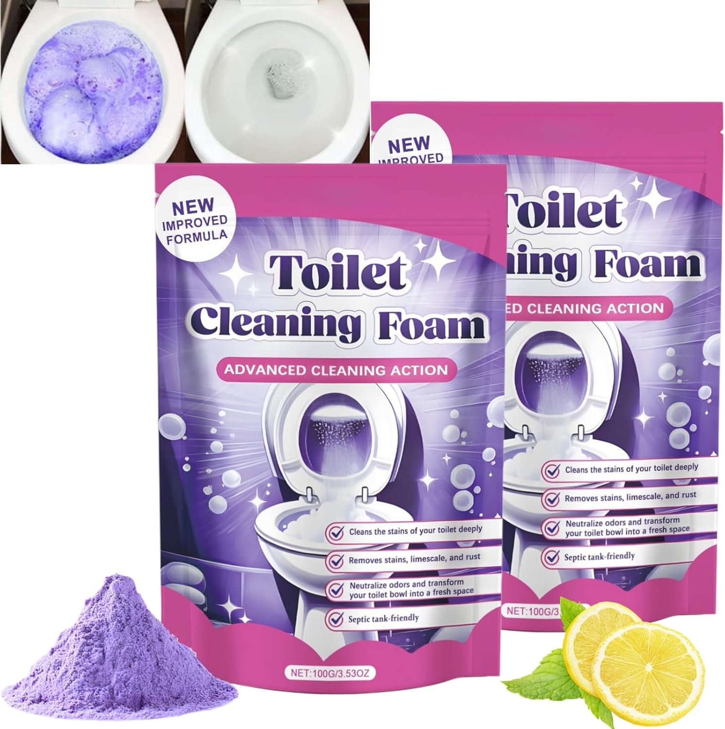 2PCS 100g Fizzclean Toilet Cleaner,Fizzclean Toilet Cleaning Foaming Powder,Touch Free Fizzy Foam Toilets Cleaner,Heavy Duty Foaming Toilet Stain Remover Powder,To/ilet Bowl Cleaner,Limescale Remover