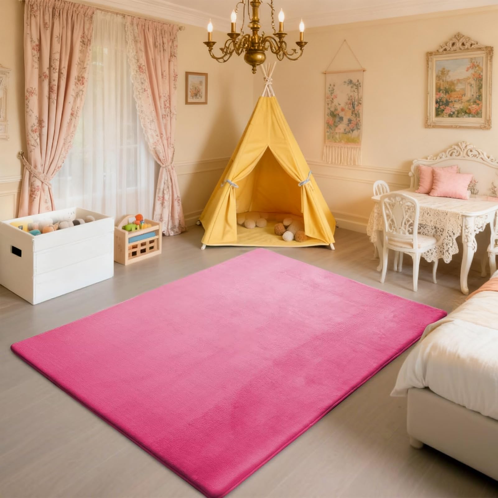 Gruba antypoślizgowa mata dla niemowląt, Duża koralowa welurowa, Mata do zabawy dla niemowląt, Dywan do raczkowania wypełniona gąbką 100 x 100 cm różowy