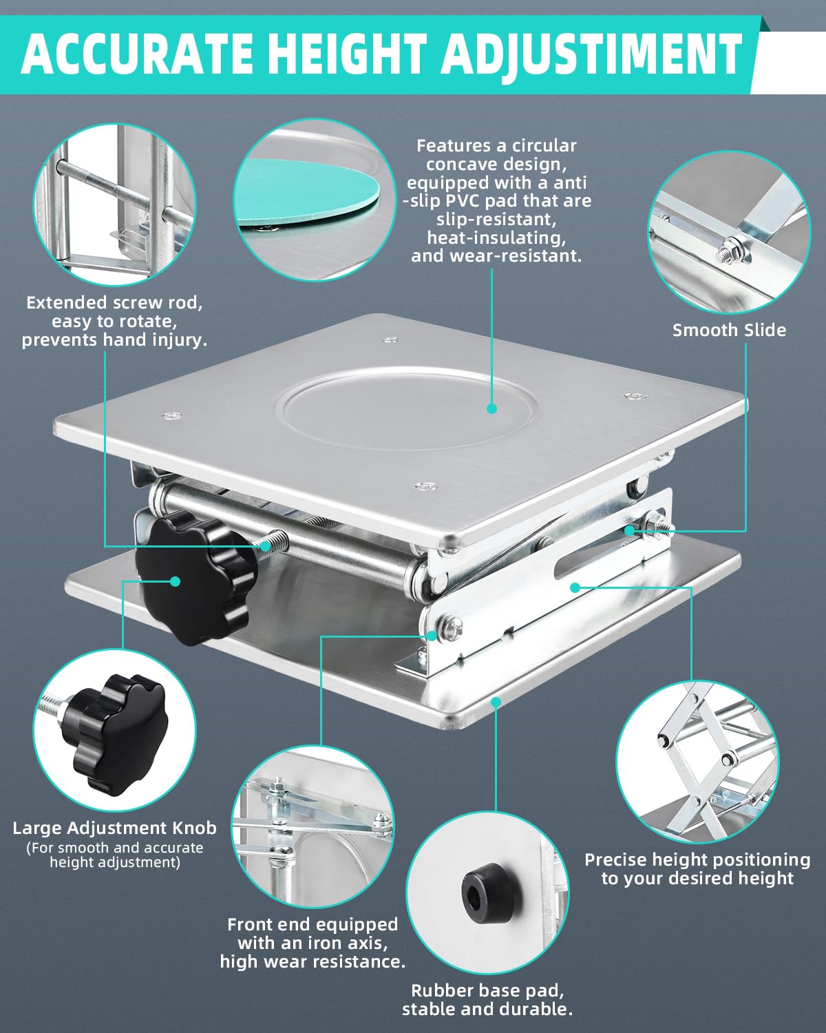 BOOMSTART Table élévatrice de laboratoire en acier inoxydable - Plateforme de levage de laboratoire - 200 x 200 mm - Support - Cric à ciseaux de laboratoire - Commande manuelle pour laboratoire - Cric