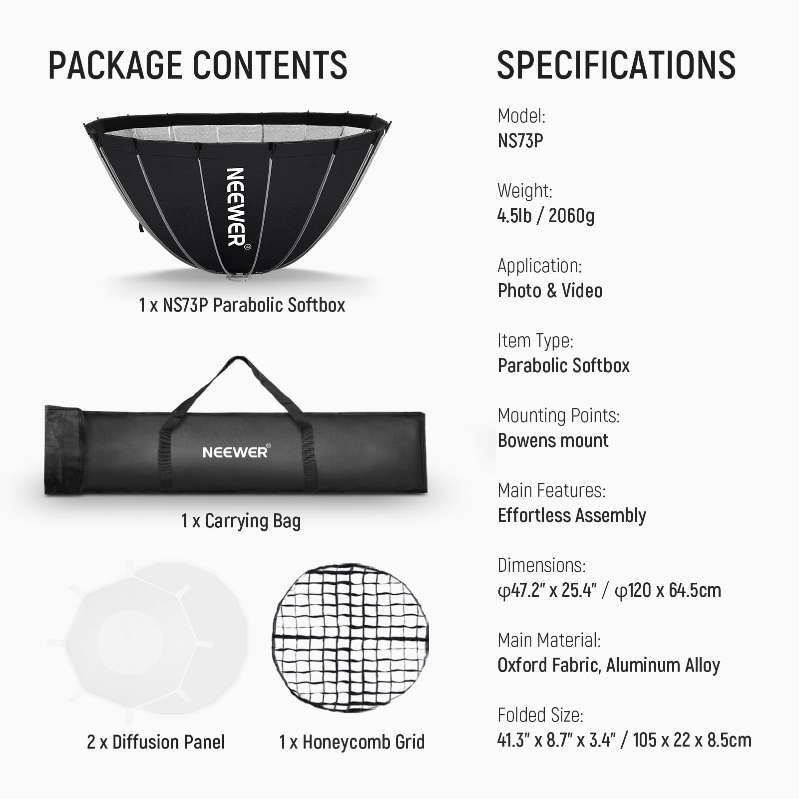 NEEWER Paraboliczny zestaw softbox, 120 cm, z dyfuzorami światła, do fotografii studyjnej, nagrywania wideo, strumieniowego oświetlenia, kompatybilny z Aputure 120D, kompatybilny z Godox SL60w, NS73P