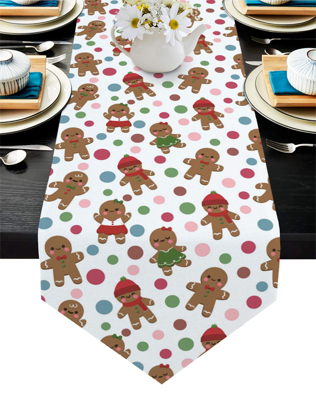 Cloud Dream Home Festive Christmas Icons Graphic Pattern Gingerbread Man Table Runner for Morden Greenery Garden Wedding Party Table Setting Decorations 16x72inch