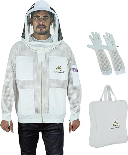 Miniatura 5 de BeeProGear - Chaqueta de apicultura de 3 capas para apicultores  Chaqueta de abeja con velo de esgrima para uni-sex con guantes de cuero a prueba de