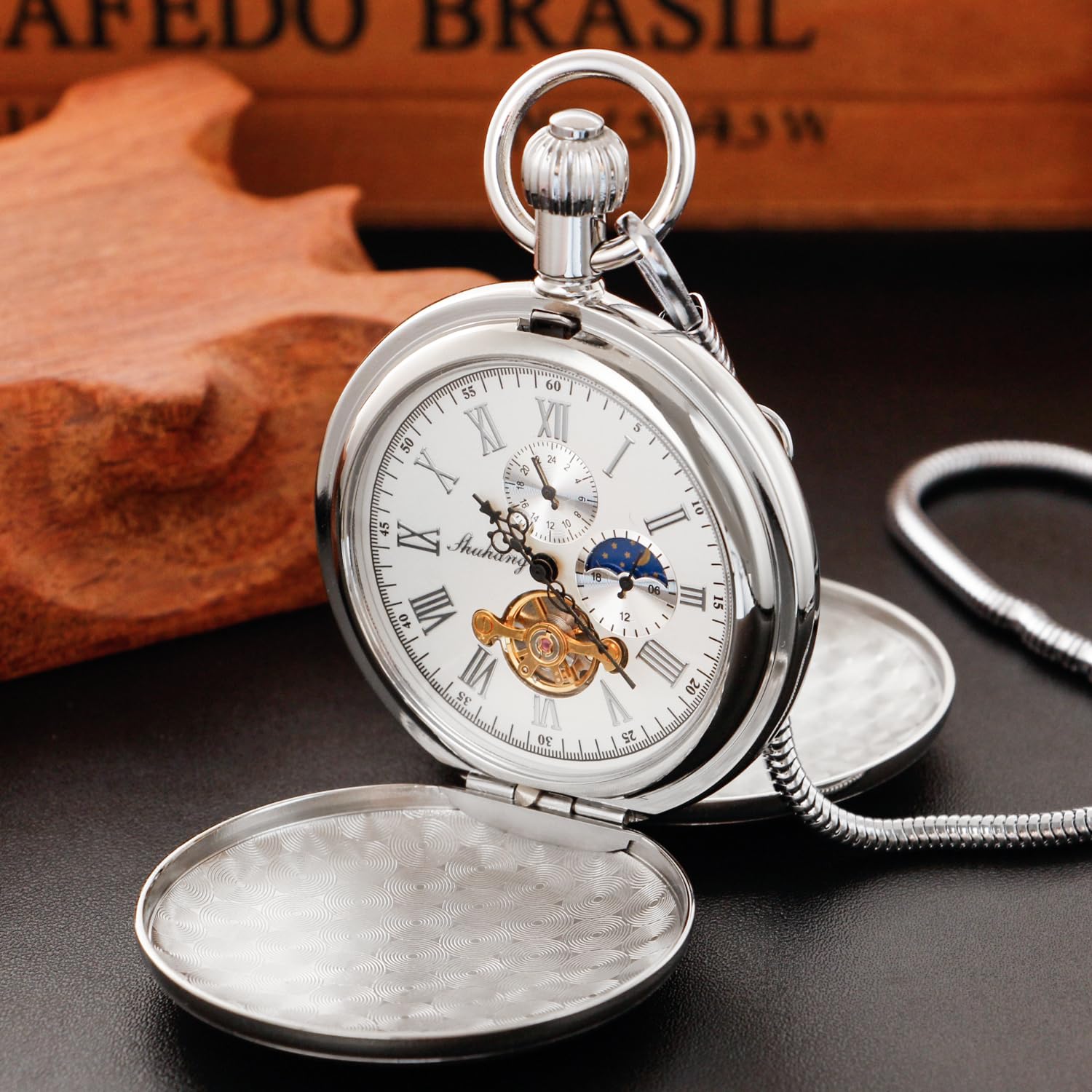 Reloj de bolsillo mecánico para hombre con cadena, estilo vintage, de cobre completo, cuerda manual de segundos y 24 horas, subesferas para hombre con caja, MW155-plata