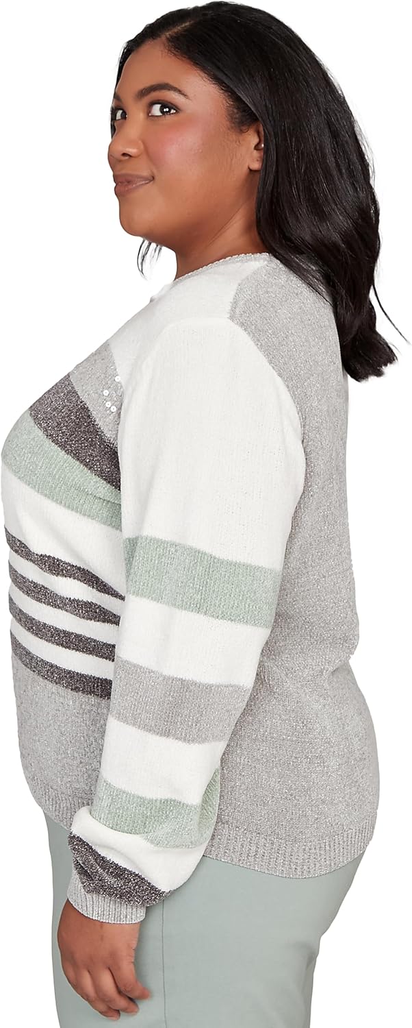 Alfred Dunner Stripe Sequin Colorblock Chenille Sweater