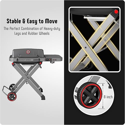 Miniatura 9 de Parrilla portátil de gas propano con carrito plegable y quemador de 13000 BTU, 360 pies cuadrados, mesa auxiliar, ruedas de 8 pulgadas, bandeja de