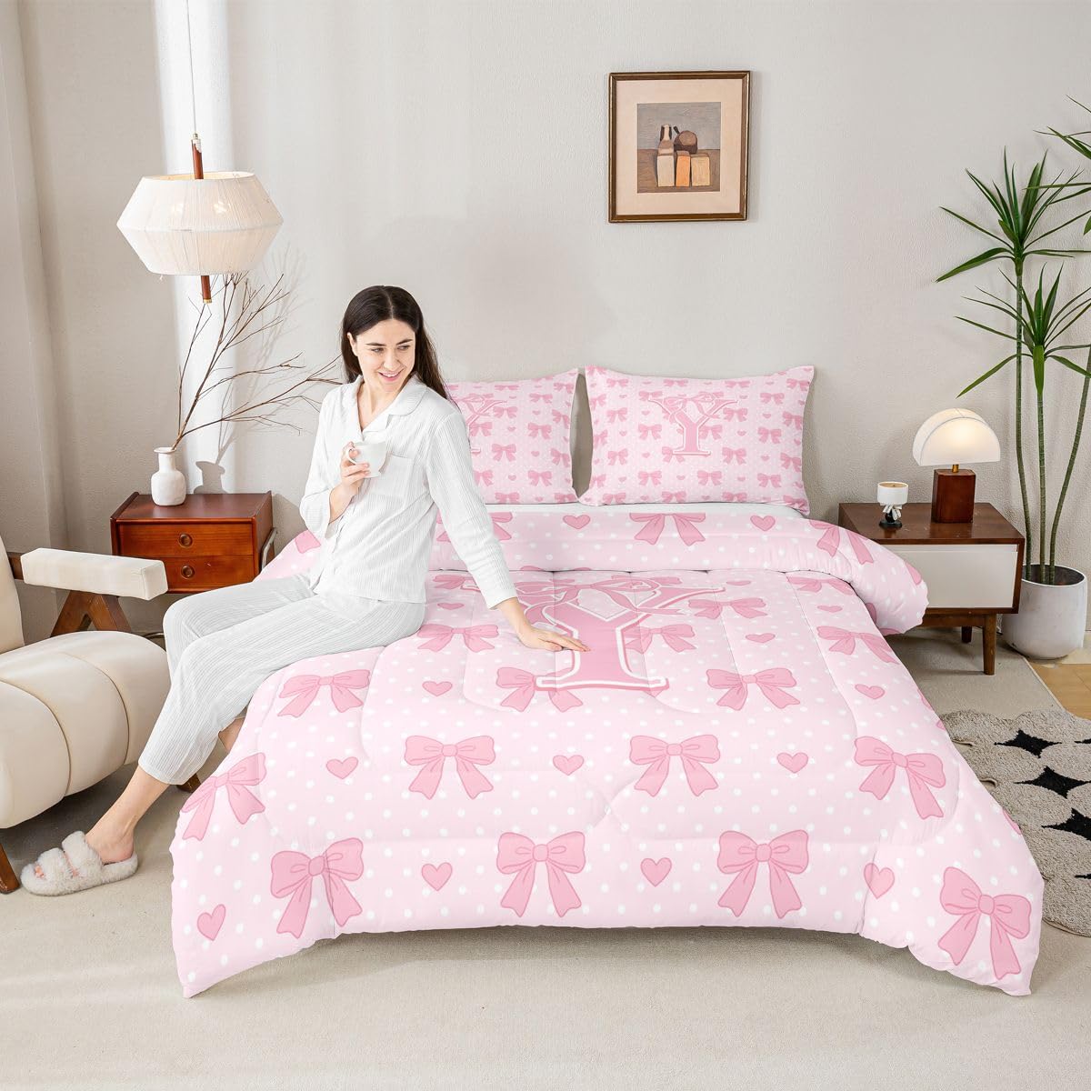 Loussiesd Urocza różowa kokarda zestaw kołdry podwójny rozmiar monogram zestaw pościeli spersonalizowany inicjał Y kołdra kawaii kokarda węzeł sypialnia dekoracja marzycielski styl