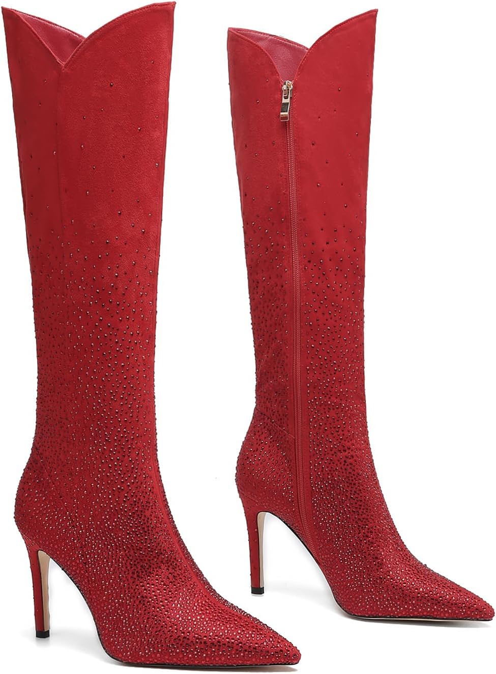 Women's Rhinestone Gradient Knee High Boots - Pointed Toe Stiletto Heel, Sparkly Evening Party Dress Boots