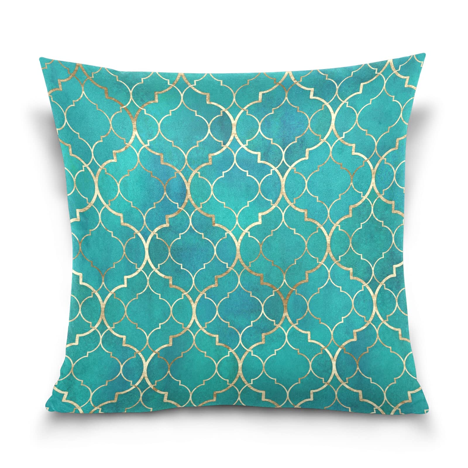 Poeticcity Multi 6 Seamless Green Teal Moroccan Tiles With Golden Gold Geometric Cotton Velvet Throw Pillow, Soft Breathable Bed Pillows, Pillowcase Sham Cushion Covers Twin Sides For Car Couch Bed 20X20 Inches