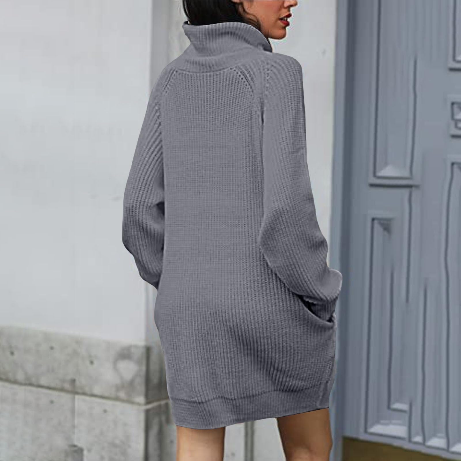 Damen Rollkragen Pulloverkleid Oversize Langarm Pullover Tops Strick Weich Casual Lose Lange Tunika Minikleider