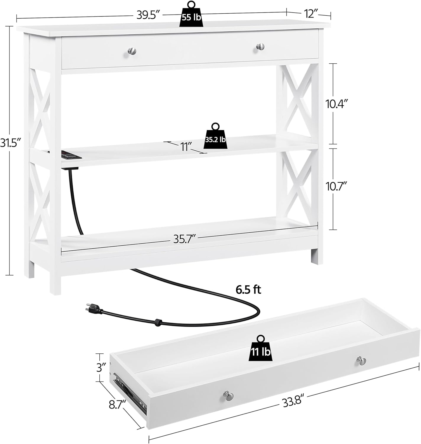 Yaheetech Entryway Table with Drawer, Wood Console Table with Outlets and USB Ports, Sofa Tables Narrow Long with Storage Shelves for Living Room, Hallway, Foyer, White