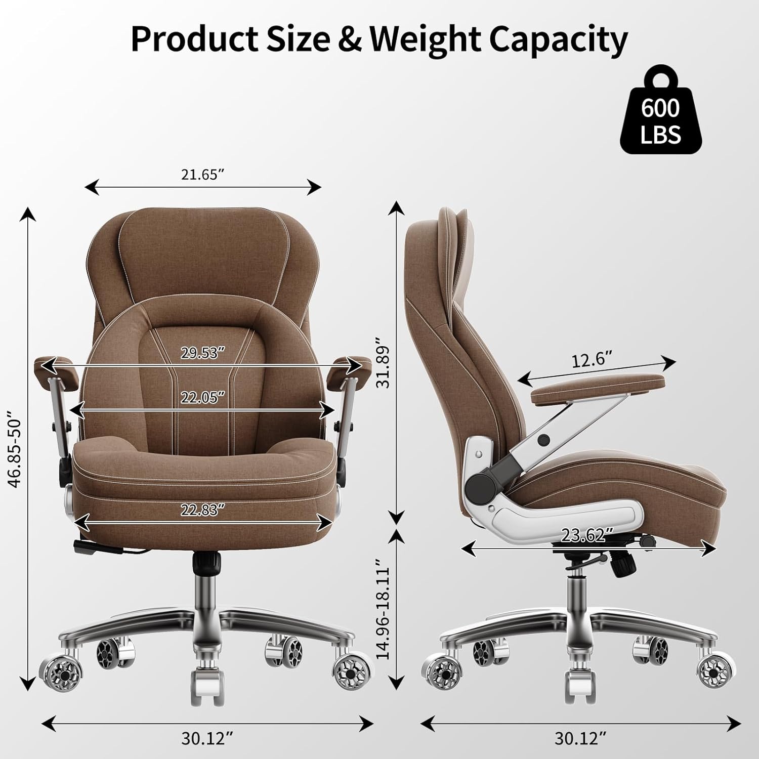 Big and Tall Office Chair, 600lbs Heavy Duty Desk Chair with 5D Arms, Adjustable Lumbar Support & Height, Tilt Function, Fabric High Back Ergonomic Executive Computer Chair with 3'' Casters