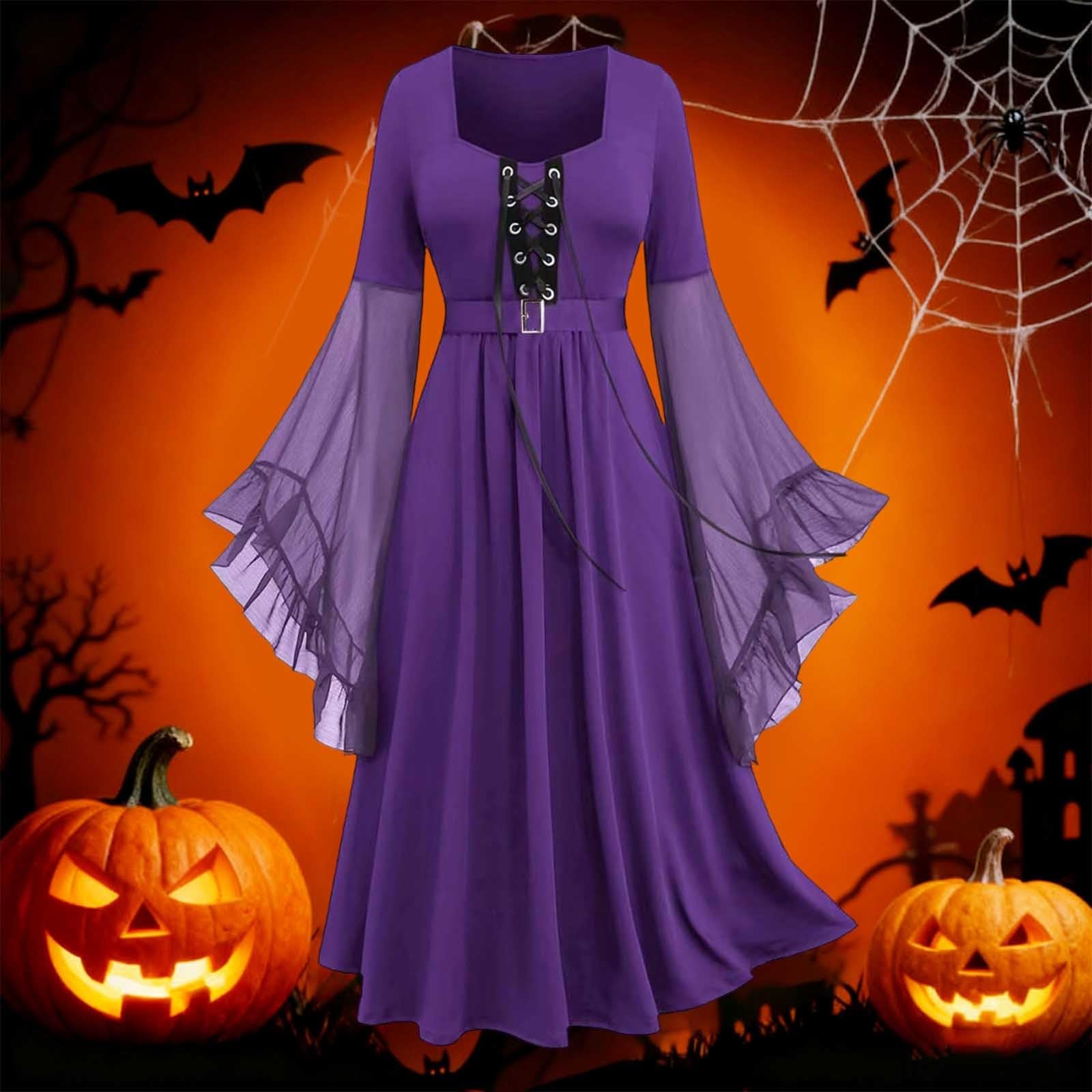 Déguisement Halloween Corset Médiévale Sorcière Gothique Lacée Costume Féminin pour Halloween Tenue De Scène avec Manches Dentelle Et Ceinture Élastique