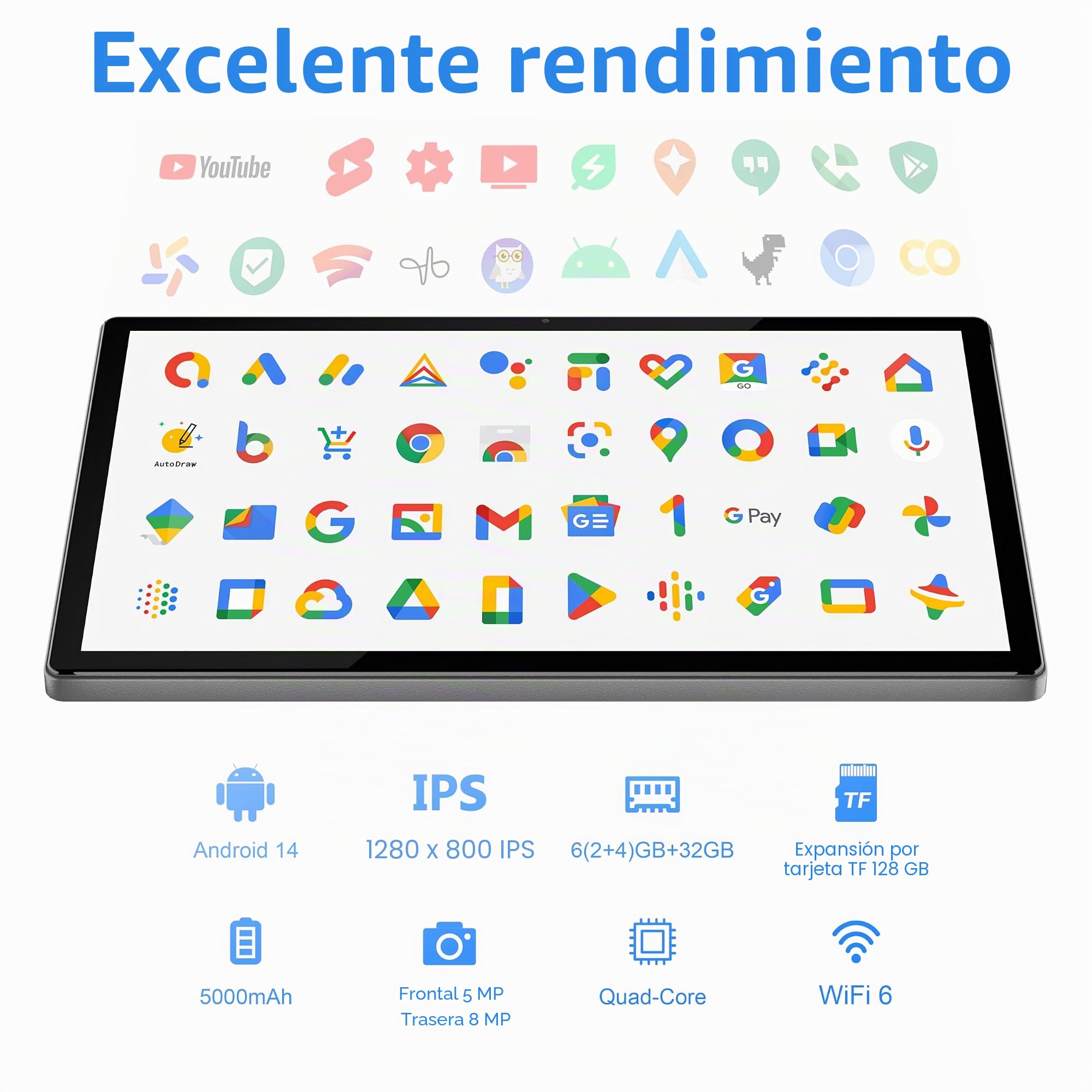 Tableta Android, tabletas de 10 pulgadas con funda protectora, procesador de cuatro núcleos, cámara frontal de 5,0 MP + cámara trasera de 8,0 MP, tabletas IPS Bluetooth de 5000 mAh, tableta