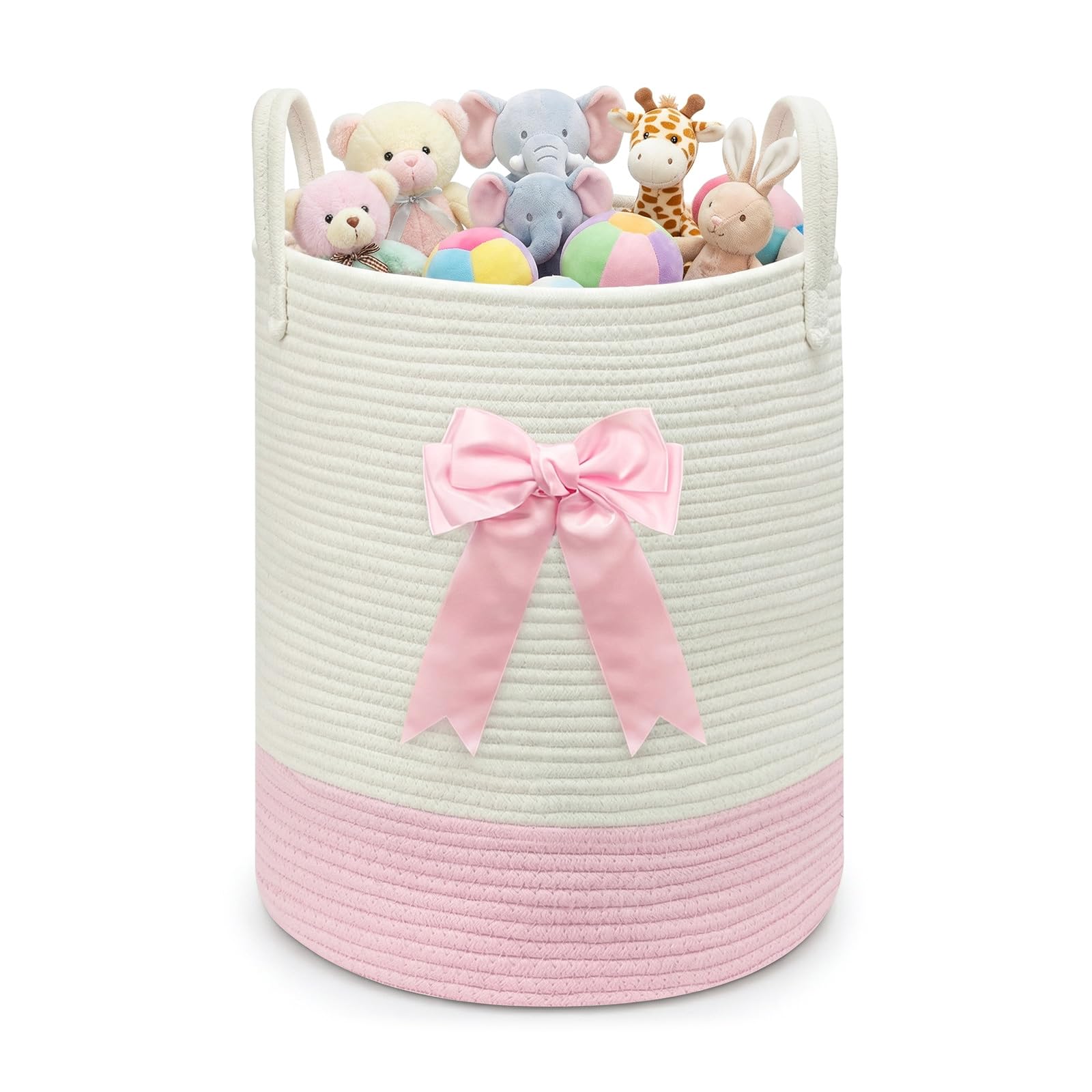Pink Toy Storage Basket with Bow, 31L Woven Rope Baby Laundry Basket, Cute Nursery Decor Hamper, Tall Clothes Basket, Blanket Organiser with Handle for Living Room, Bathroom, Bedroom, Playroom 31x41cm
